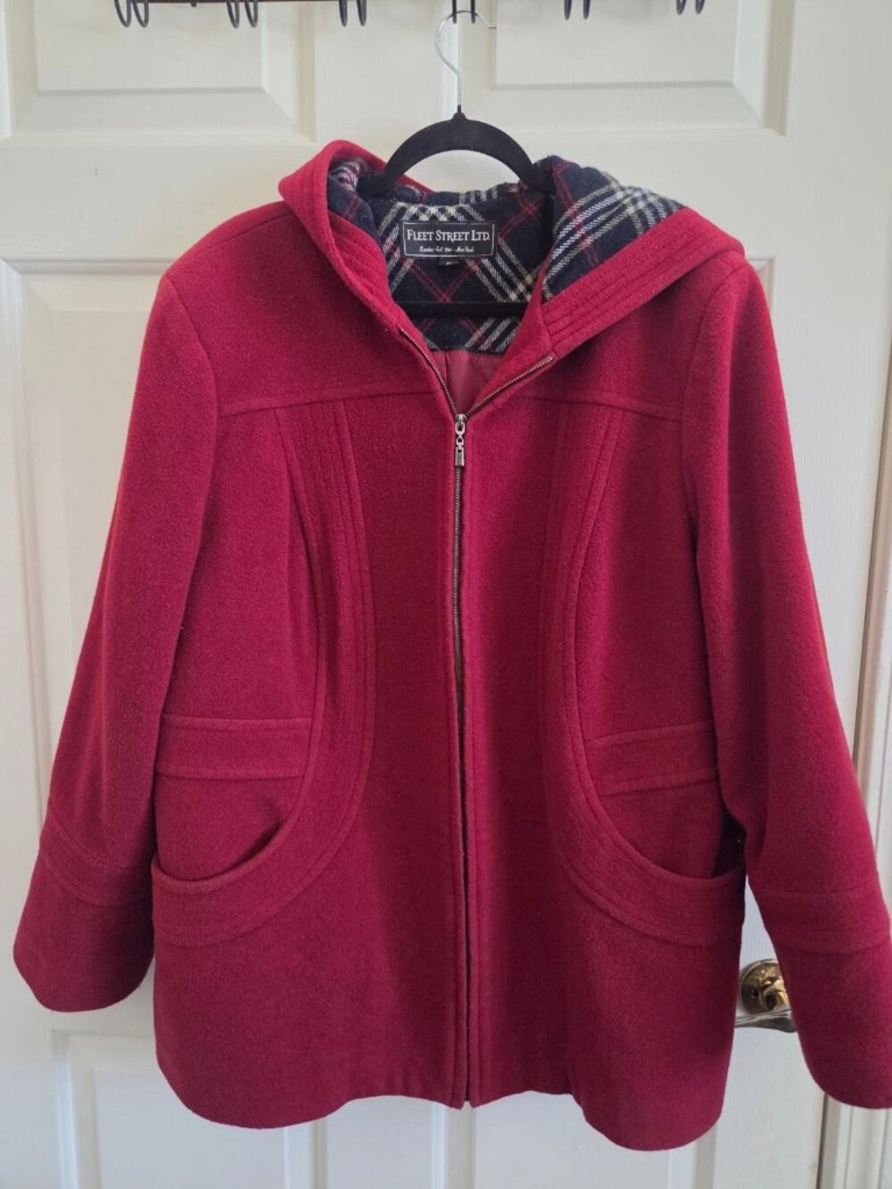 Fleet Street Ltd Red Wool Blend Hooded Jacket Plaid Lined Women's 2X Zip Coat